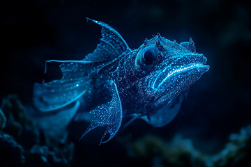 A close-up of a unique fish illuminated in deep blue waters, showcasing its intricate features.