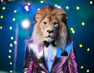 Majestic lion in disco ball mane and neon suit invites guests to a glamorous party.