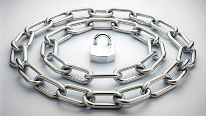 Obraz premium A Minimalist White Background with a Series of Connected Circular Links in a Chain Formation, Accompanied by a Small Silver Padlock Icon.