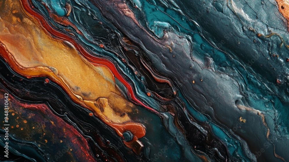 Poster a close-up of an abstract texture with layers of mixed colors and patterns, giving a sense of depth 