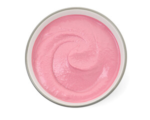 Tasty beetroot hummus in bowl isolated on white, top view