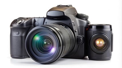 Fototapeta premium A modern DSLR camera with interchangeable lenses and flash, isolated on a white background, showcasing its sleek design and advanced photography capabilities.
