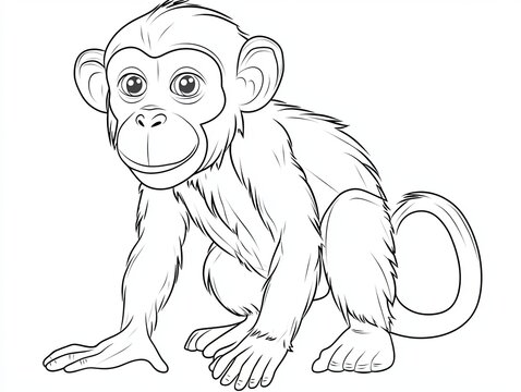 A simple line drawing of a cartoon monkey sitting with its hands out, looking to the side and smiling.