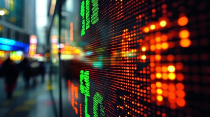 Fototapeta premium A close-up view of a stock market data display in a bustling city. The screen shows fluctuating numbers in green and red, representing the rise and fall of stock prices. People move past in the backgr