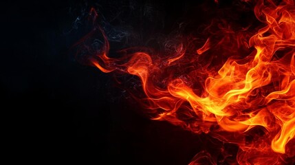 Fototapeta premium Bright firelight and vibrant tongues of flame against a solid black background, with drifting smoke