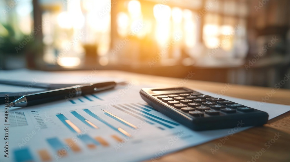Poster A close-up of business documents, a calculator, and a pen on a desk, with a focus on a financial report and charts, emphasizing productivity and organization.