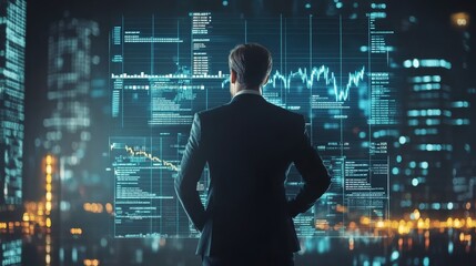A confident businessman stands in front of a large screen displaying stock market data, symbolizing financial analysis, investment strategy, market trends, technological advancement, and digital innov