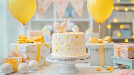 Decorated table with baby shower gifts and a cake with baby-themed decorations