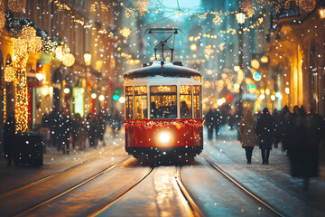 Obraz premium Winter Snowfall, Christmas vintage tram and old street decorated with lights