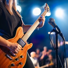 Obraz premium Modern microphone recording electric guitar riffs at rock concert.