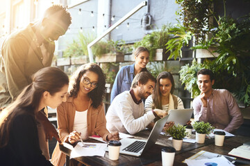 Fototapeta premium People, meeting or paper at table for small business, budget planning or marketing strategy in coffee shop. Startup, team or stats on documents for brainstorming, company finance growth or discussion