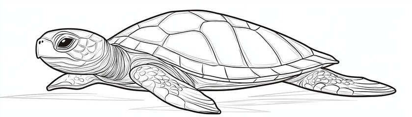 Detailed line drawing of a sea turtle swimming in the ocean.