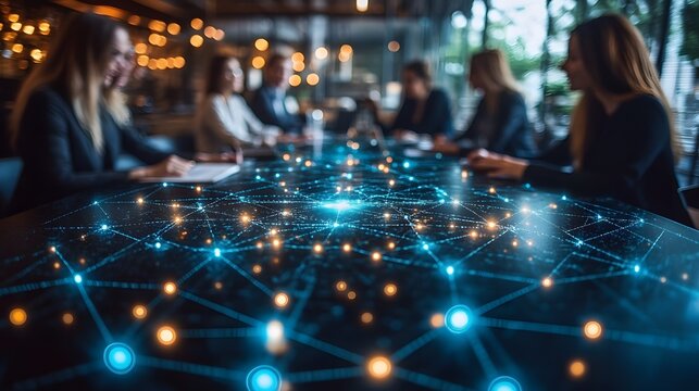 Global Networking Meeting: Businesspeople collaborating at a roundtable, with a network background representing global connectivity and shared ideas.