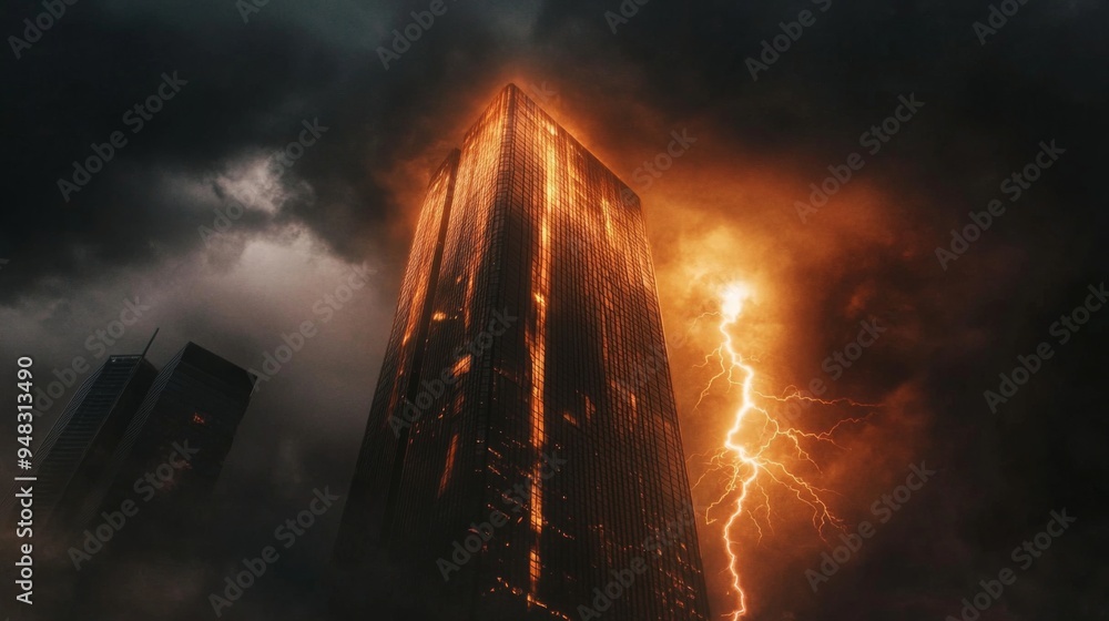 Poster a close-up of lightning striking a tall building or landmark, with the flash illuminating the dark c