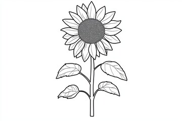 A simple line drawing of a sunflower with a thick stem and several leaves.