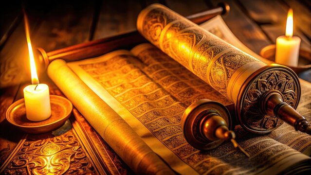 Ancient Hebrew text scroll with ornate golden filigree and gentle candlelight casting a warm glow on the sacred script's intricate calligraphy and ornate designs.