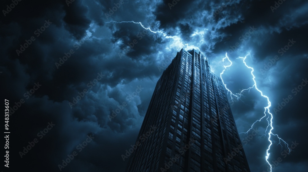 Poster a close-up of lightning striking a tall building or landmark, with the flash illuminating the dark c