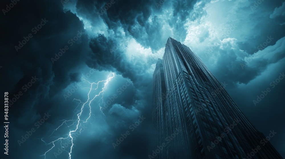 Aufkleber a close-up of lightning striking a tall building or landmark, with the flash illuminating the dark c