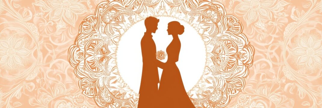 A delicate and elegant illustration of a couple standing within a circular mandala design, symbolizing the unity and love of marriage, the intricate patterns evoke the rich traditions of Indian weddin