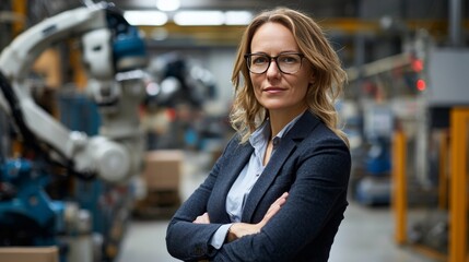 Female Project Manager Overseeing Advanced Robotics in Modern Factory