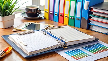 A neatly organized binder lies open on a desk, showcasing a detailed operations manual with colorful tabs and diagrams, surrounded by office supplies.