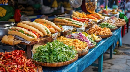 Street vendor in Vietnam selling Banh Mi sandwiches, with a colorful array of ingredients on display and the energy of the street market.