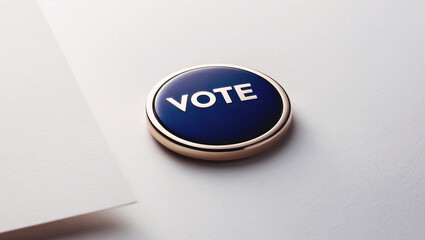 Round dark blue icon with inscription VOTE on light background. Illustrations on topic of elections, political campaigns and civic activism. Copy space