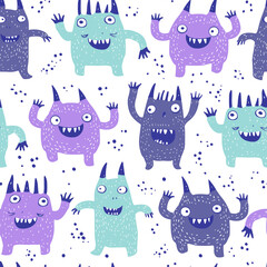Purple monsters background. Hand drawing monsters seamless print design.