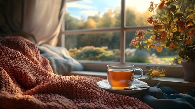 Cozy Morning with Warm Cup of Tea by Serene Autumn Window Landscape