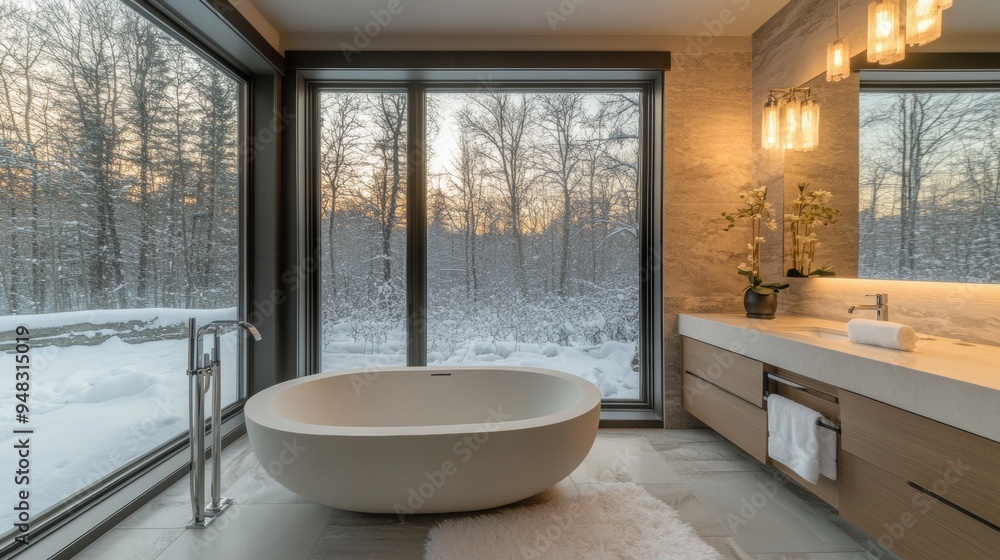 Poster a large white bathtub sits in front of a window with a view of trees
