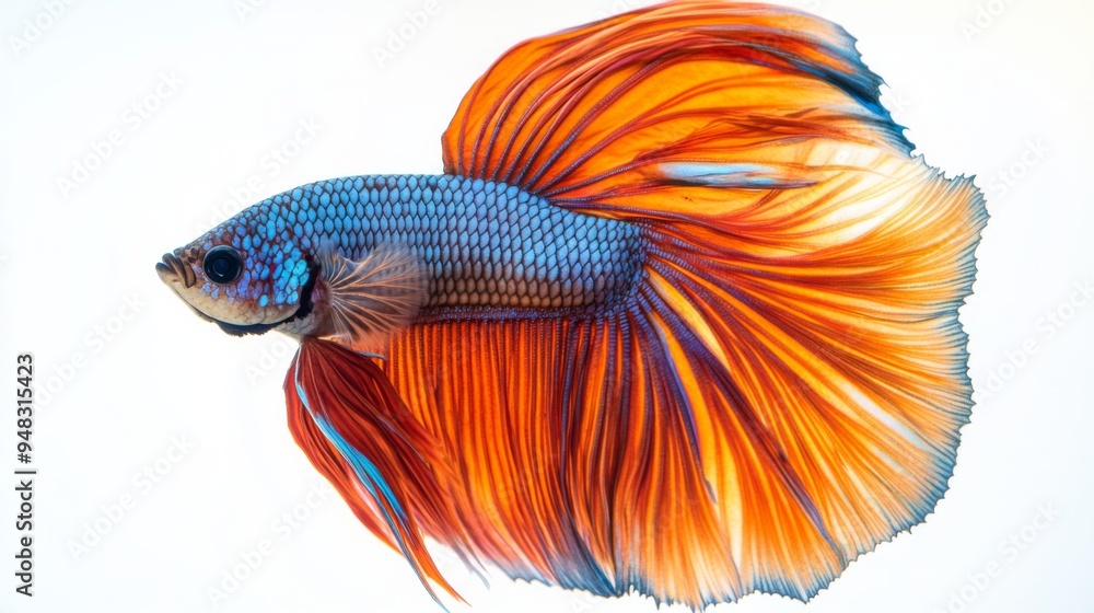 Poster a close-up shot of a vibrant betta fish with flowing fins and a colorful tail, set against a clean, 