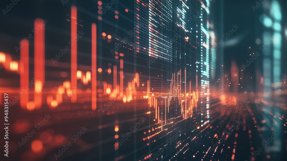 Poster a digital abstract visualization of stock market data, with fluctuating lines and patterns symbolizi