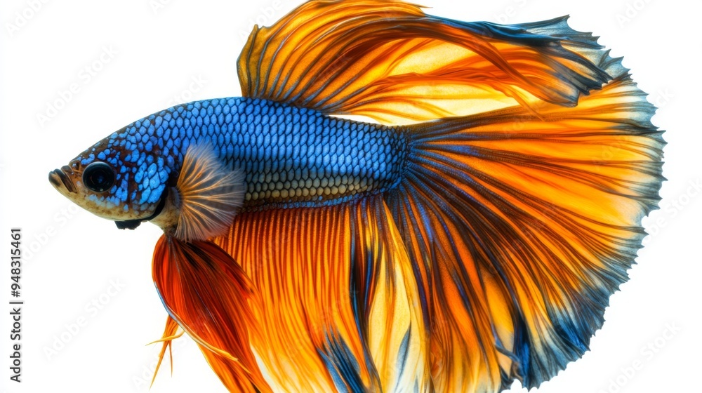 Poster a close-up shot of a vibrant betta fish with flowing fins and a colorful tail, set against a clean, 