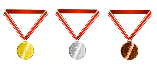 Gold, Silver, and Bronze Medals with Red and White Ribbons - Award Symbols for First, Second, and Third Place Achievements in Competitions and Sports Championships - Vector Illustration