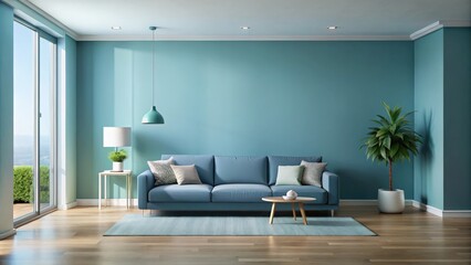 Fototapeta premium Empty living room with serene blue-toned walls for a minimalistic and calming look