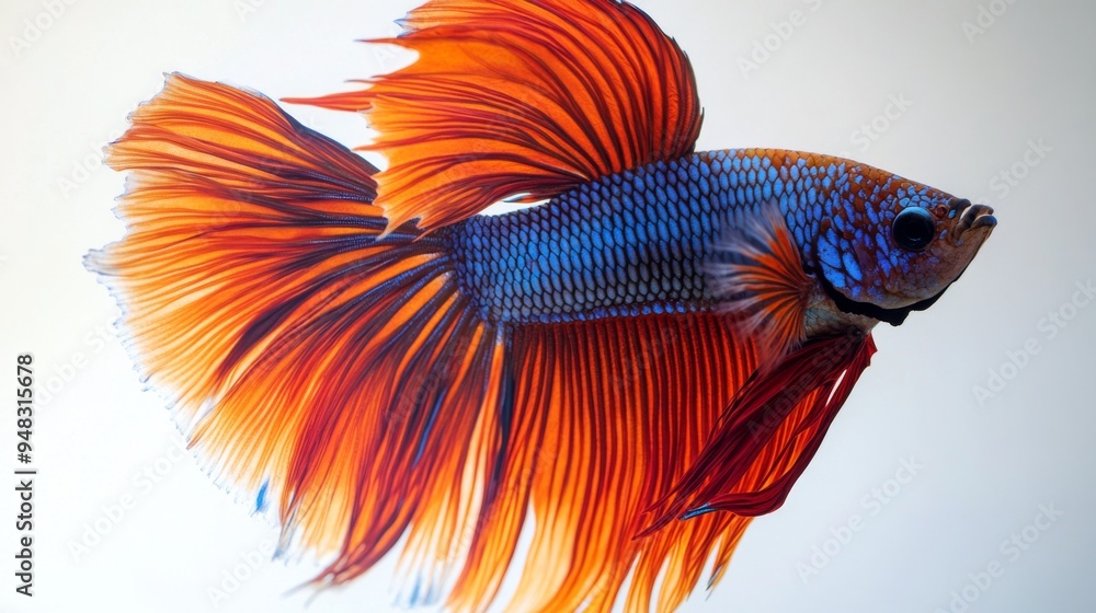 Poster a close-up shot of a vibrant betta fish with flowing fins and a colorful tail, set against a clean, 