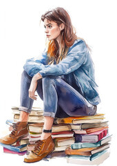 Young woman with books in watercolor style.