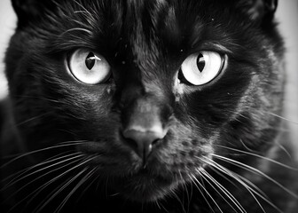 A close-up view of a black cat's face, with piercing eyes and a distinctive nose