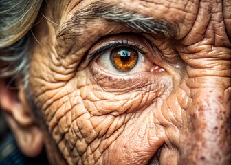 A close-up of an elderly person's eye, showcasing intricate details and textures of aging skin.
