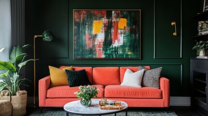 A living room with a green wall and a red couch