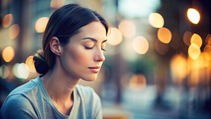 Fototapeta premium A person sits in contemplative silence, eyes closed, and brows furrowed in deep thought, surrounded by a blurred background of minimal distractions.