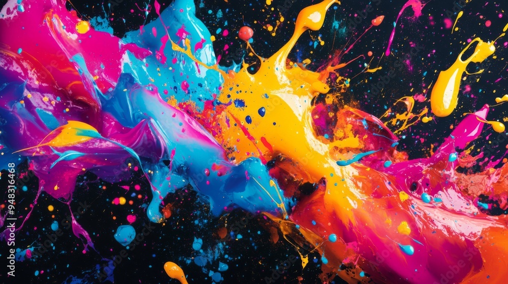 Poster a colorful abstract background with splashes of paint and irregular patterns, evoking a sense of cre