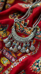 Obraz premium A necklace with a large moon pendant is displayed on a red background. The necklace is adorned with many small pearls and beads, giving it a luxurious and elegant appearance