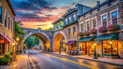 Obraz premium A picturesque small-town scene featuring a charming Main Street lined with shops and restaurants, framed by a historic stone arch bridge at dusk.