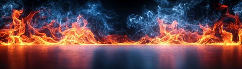 Fototapeta premium A deep black background with vivid flames and swirling smoke creating a dramatic and powerful display
