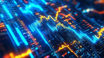 Obraz premium A dynamic visualization of market data, showing fluctuating lines and graphs. The image symbolizes growth, volatility, and the constant flow of information in the financial world.