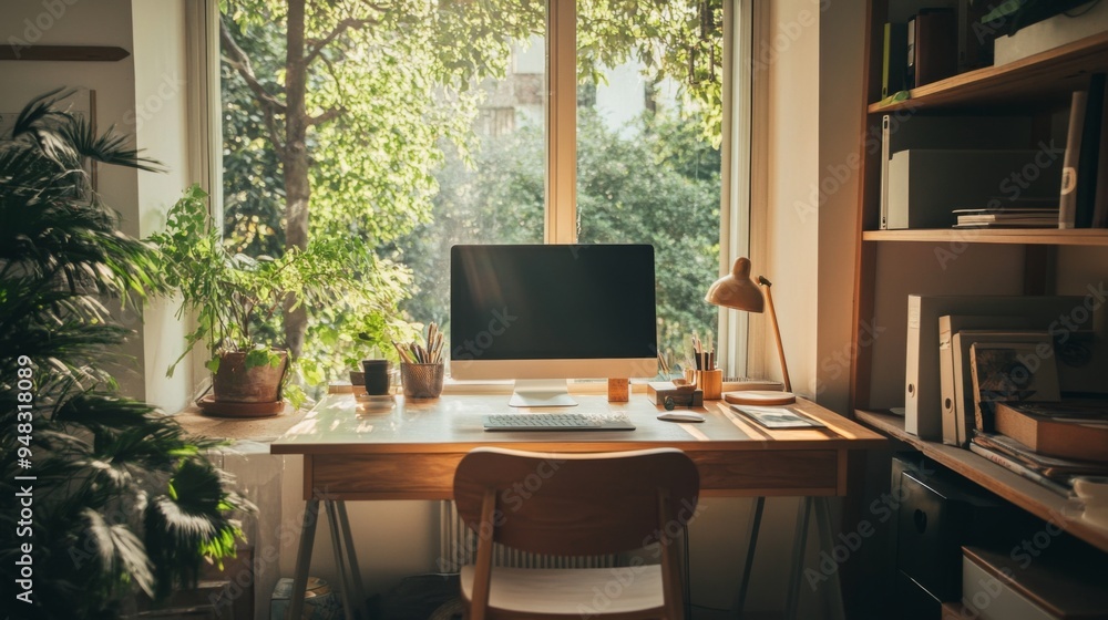 Poster a cozy minimalist home office with a simple desk, a few essential items, and a large window providin
