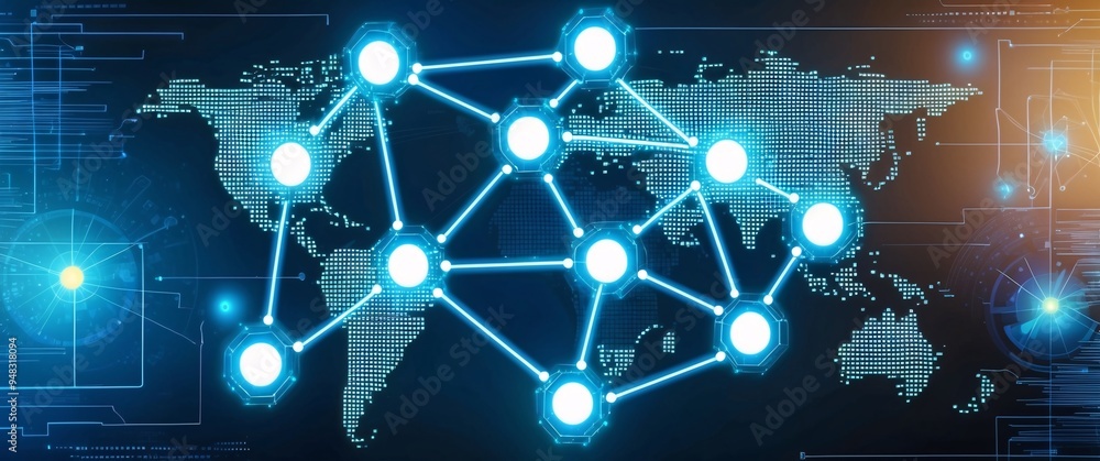 Poster 3d vector illustration of a global social network concept with interconnected atomic structures repr
