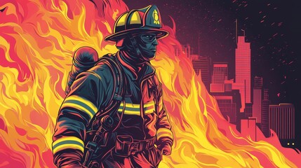A firefighter, clad in protective gear, stands amidst a raging inferno, symbolizing courage, sacrifice, and the fight against danger.  The flames create a dramatic backdrop, highlighting the firefight