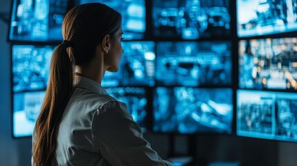 A focused female security camera operator intently monitors a wall of screens displaying live feeds from surveillance cameras.  She represents vigilance, technology, safety, and professional expertise